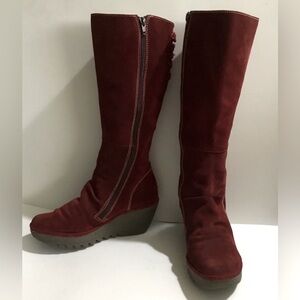 Fly London Yust burgundy suede leather knee high boots